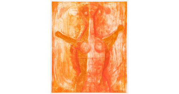 An abstract color print in shades of orange of a female figure made of geometric shapes, arms raised upward.