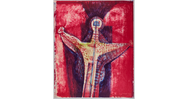An abstract color print of a human-like figure in with red, yellow, and blue speckles and stripes raising its arms in front of a red and blue background.