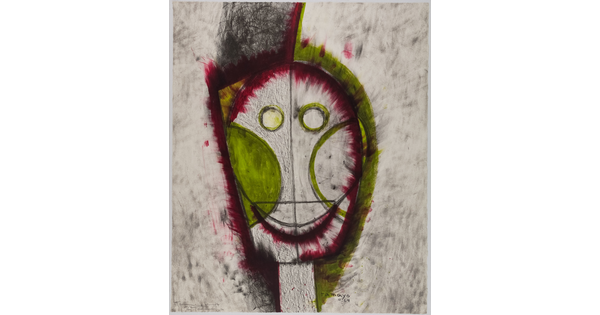 An abstract color print of a head made of simple geometric shapes with highlights of green, red, and yellow.