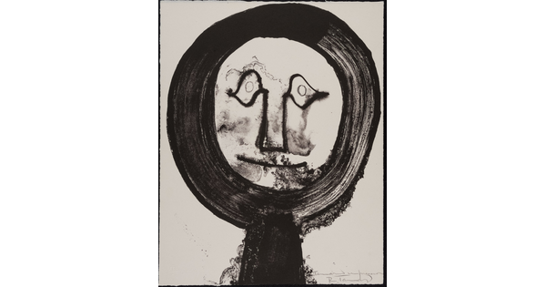 An abstract black-and-white print of a face on what looks like a hand-held mirror, detailed with fluid lines that bleed into one another.