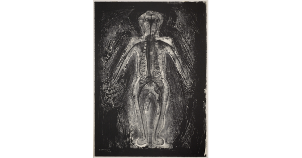 An abstract black-and-white print of a human figure that seems to glow white on a black background.