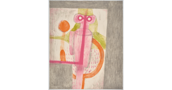 An abstract color print of a pink figure with bold round eyes standing in front of orange and green geometric shapes on a gray background.