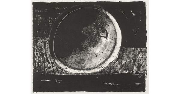 A black-and-white print of a crescent moon with an eye, nose, and mouth on a black and gray background.