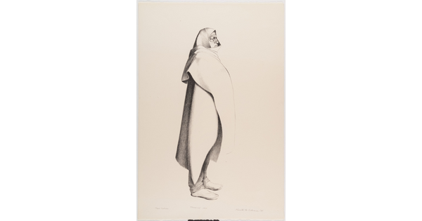 A black-and-white portrait print of a full-length figure standing in profile wearing a blanket or cape around their head and body.