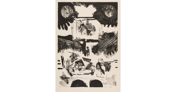 An abstract black-and-white print of organic shapes and designs, some of which resemble a person playing a piano.