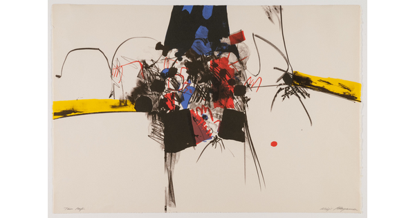 An abstract color print with black, red, and blue shapes and squiggles, partially bisected by a yellow horizontal line.