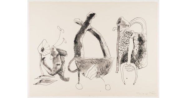 An abstract black-and-white print of three fantastical creature-like figures.