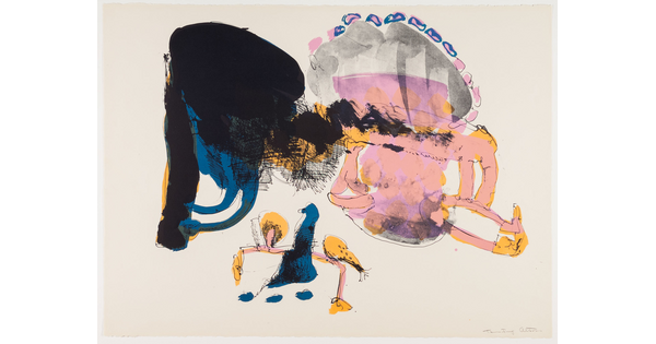 An abstract color print of organic shapes in black, blue, yellow, and pink.