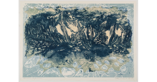 An abstract color print of organic shapes and lines in black, white, and light blue that resemble water.