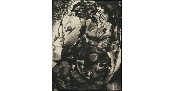 An abstract black-and-white print of black swirls and splotches.