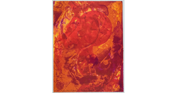 An abstract color print of swirls of red, orange, and yellow.