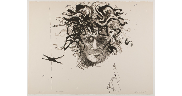 A black-and-white print of a figure's head with tendrils of snakes for hair and a small figure at the bottom pointing up at the head.