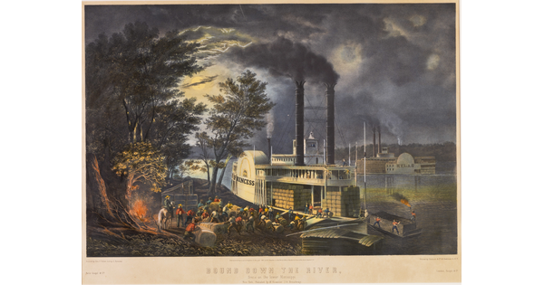 A color print of a large group of people loading cargo onto a steam ship by firelight; the moon shining through the clouds above.