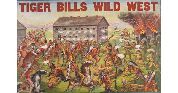 A color print of a violent battle scene between Native Americans and White men under the words, "Tiger Bills Wild West."
