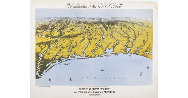 A print of a bird's eye view of the shoreline of Texas and Mexico, with the land in shades of green and yellow and small black boats in the light blue Gulf of Mexico.