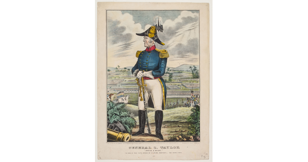 A color print of an older White man in a tricorn hat and full soldier regalia, hands resting on a sword, standing above a field of soldiers.