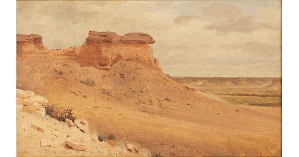 A landscape oil painting of a desert plateau rising up from an arid valley.