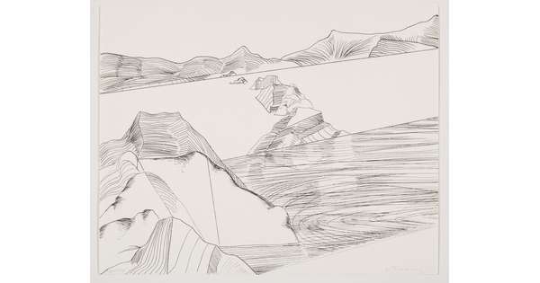 An abstract black-and-white print of a mountain landscape made up of lines and geometric shapes.
