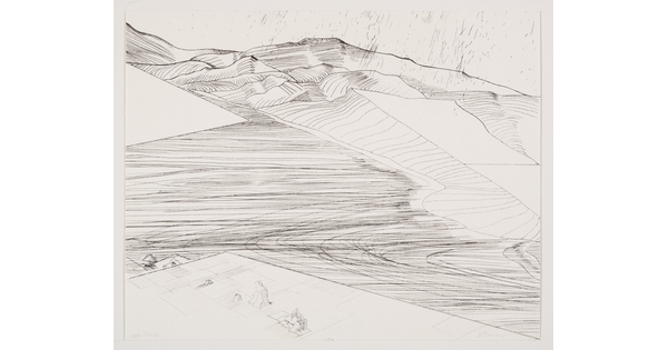 An abstract black-and-white print of a plain leading to a mountain landscape made up of lines and geometric shapes.