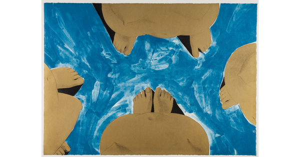 A color print showing the bare feet, bellies, and breasts of four people as viewed from above on a blue background.