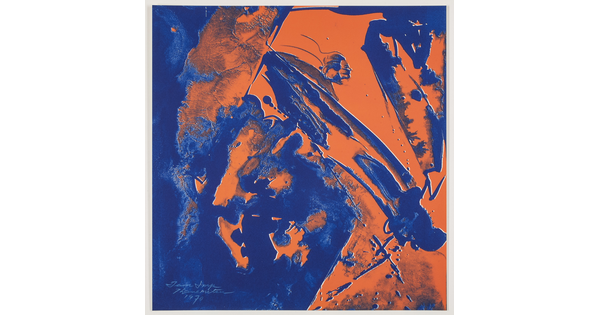 An abstract color print of orange and blue organic shapes and splatters with the subtle profile of a woman's head in the top center.
