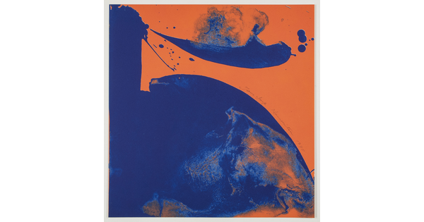 An abstract color print of fluid, organic blue shapes on a solid orange background.