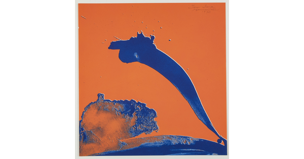 An abstract color print of fluid, organic blue swirls and splatters on a solid orange background.