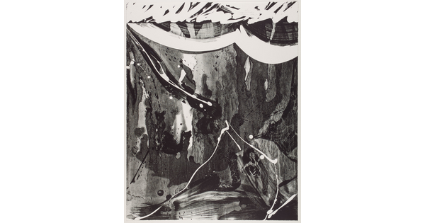 An abstract black-and-white print of fluid, organic swirls and shapes in black ink.