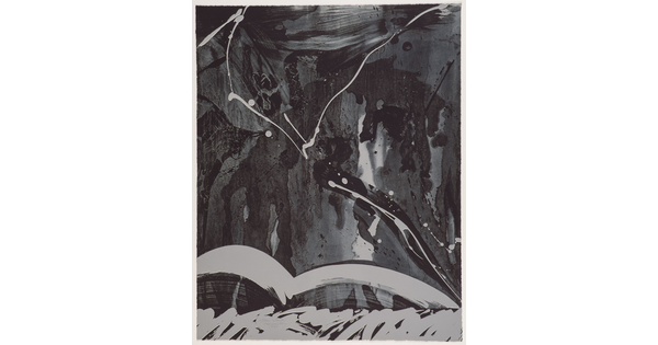 An abstract black-and-white print of fluid, organic shapes in black and gray.