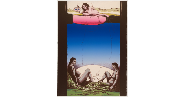 A color print showing, from the top down, an illustration of nude woman lounging on a large penis above two seated nude women who appear to be leaning against the borders of the print.