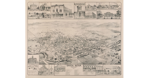 A black-and-white print of an aerial view of a city, framed by two horizontal bands at the top and bottom featuring close-up views of buildings.
