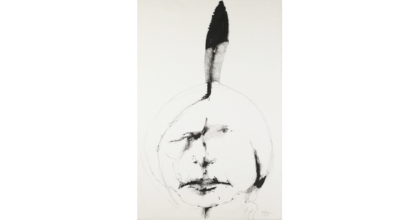 A black-and-white ink drawing of the head of a Native American with a single feather rising from behind his head.