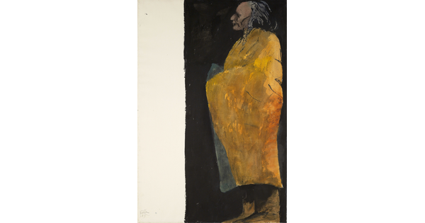 A watercolor of an Indigenous figure in profile wrapped in a yellow cloth against a black background.