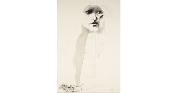 A black-and-white ink portrait of a Indigenous person with their hands folded in their lap.