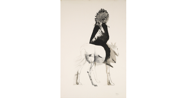 A black-and-white ink drawing of an Indigenous person wearing a headdress riding away from the viewer on a horse.