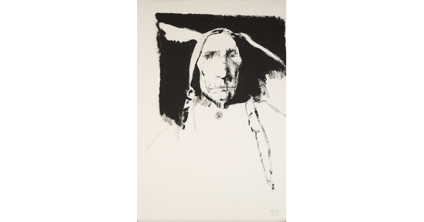 A black-and-white ink portrait of an Indigenous man's face against a solid black background that fades to nothing below the figure's neck.