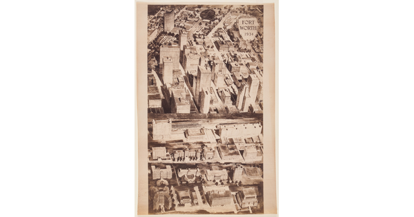 A sepia-toned ink drawing of an aerial view of a city&#039;s high-rise buildings and urban grid.