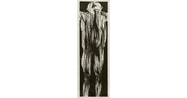 A black-and-white print of an abstract human figure standing, looking up with arms stretched out at their sides.