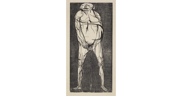 An abstract black-and-white print of a nude male figure.