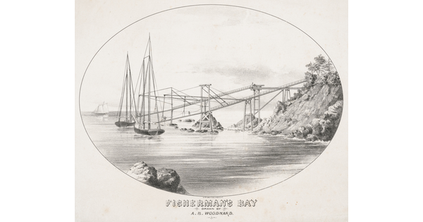 A black-and-white print of two sailboats docked in a calm bay, connected to the rocky coastline via long piers elevated on stilts.