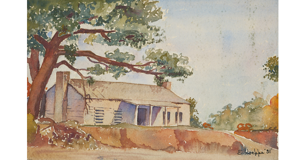A watercolor of the front and side of a clapboard house and porch shaded by large trees.