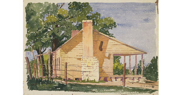 A watercolor of the side of a clapboard house and porch shaded by large trees.