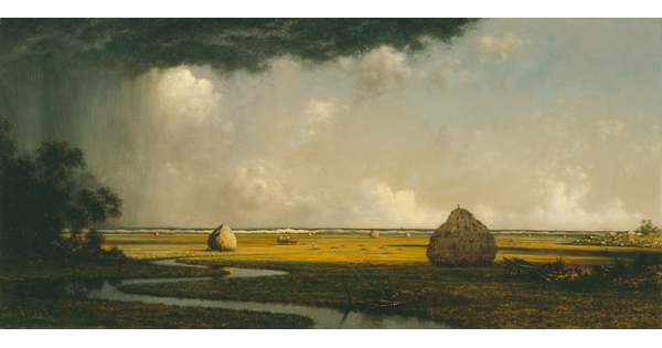 An oil painting of a hay mounds in a meadow with a river running through it as stormy clouds and rain roll in on a bright day.