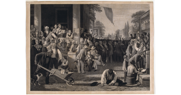 A black-and-white print of a large gathering of mostly White men crowding the street and front steps of the sheriff's office.