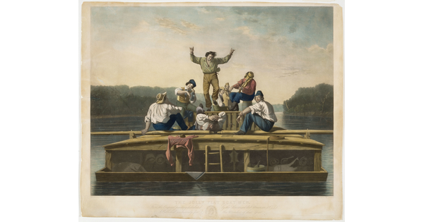A color print showing White men on a river boat, some playing musical instruments, as a man in the center dances.