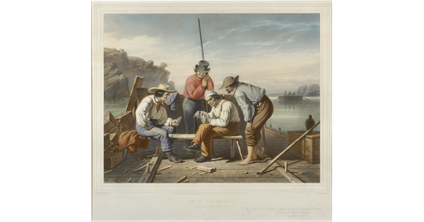 A color print of four men playing cards on a flatboat on a river.