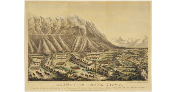 A color print of a broad view of a mountain valley where foot soldiers and cavalry are moving in formation across a plain.