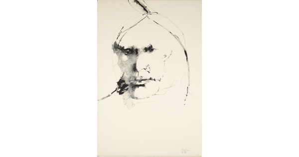 A black-and-white ink portrait of an Indigenous man's face and a single a feather in his hair.