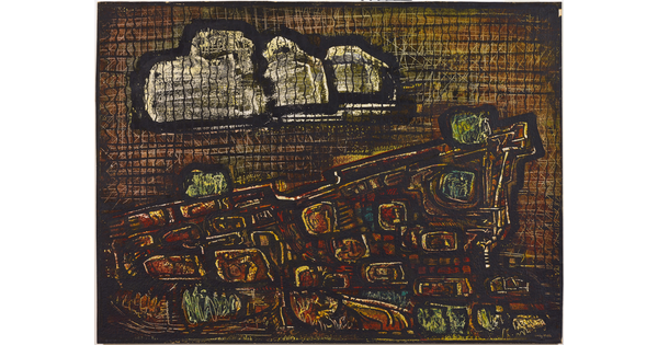 A watercolor painting of an abstract landscape in earth-tone colors and white clouds against a background of gridded lines.