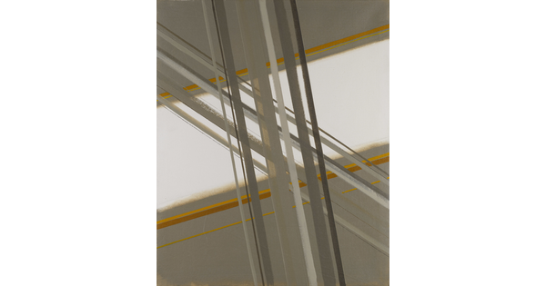 A painting of groupings of overlapping parallel diagonal lines that create an "X" in mostly white with some yellow accents.